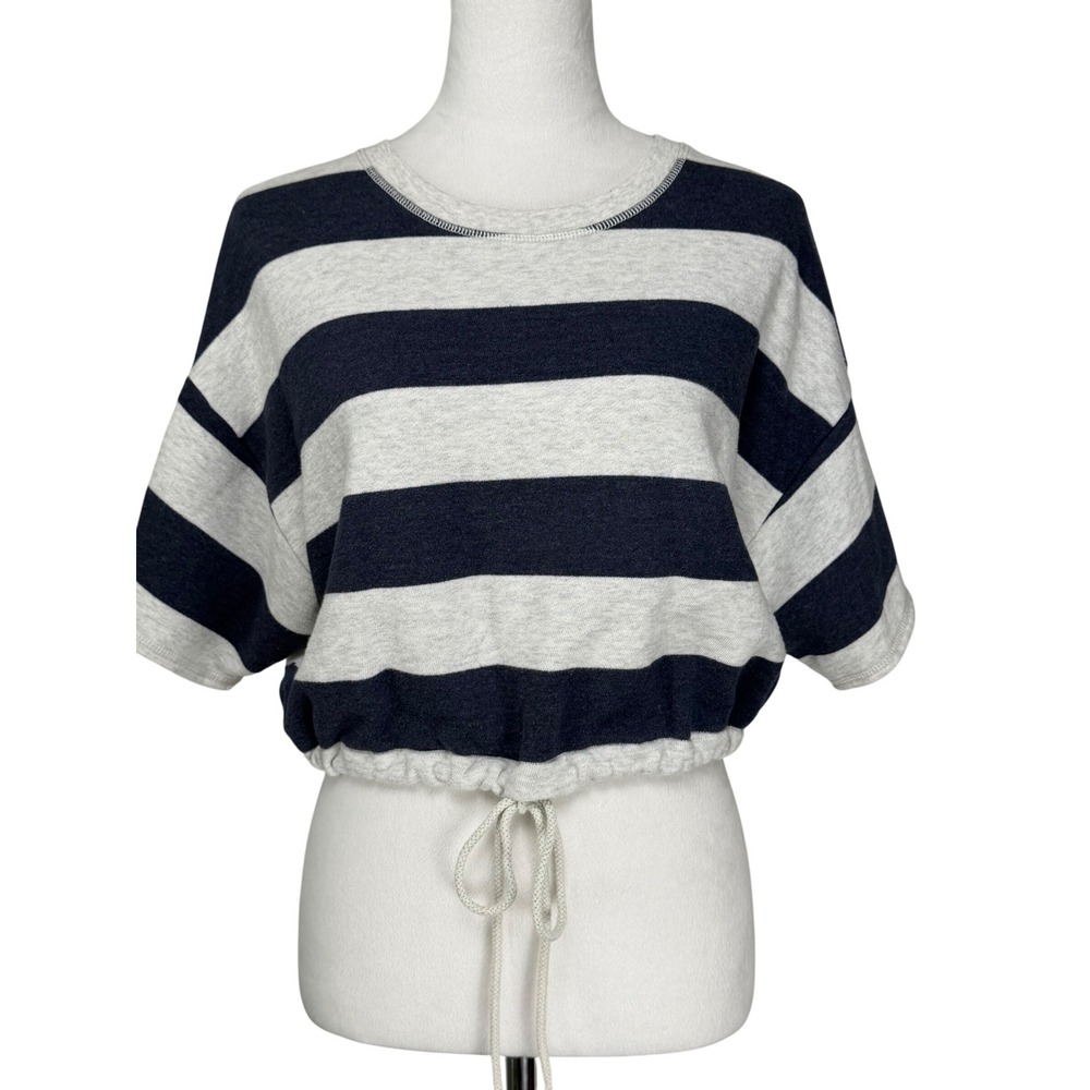 American Eagle Women Cotton Blend Sweatshirt S Grey Navy Blue Striped Cropped